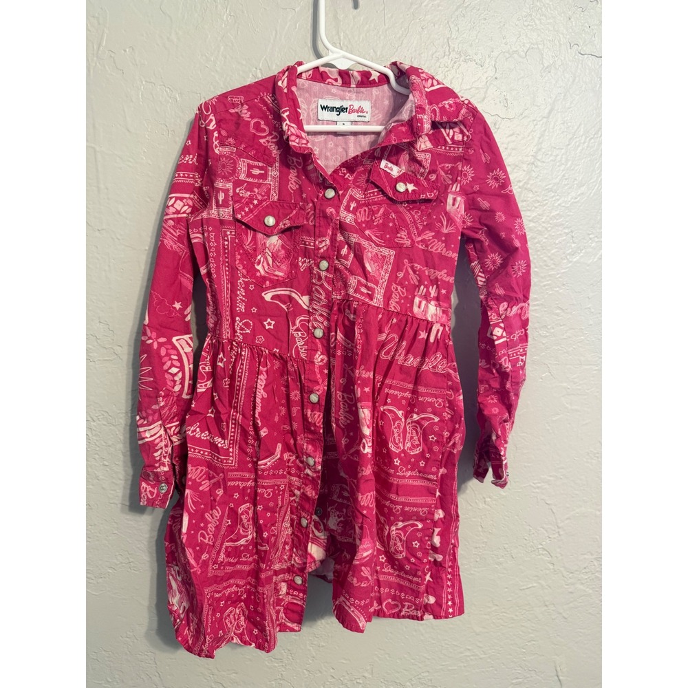 Wrangler Barbie Girls Pink Bandana Print Western Snap Front Shirt Dress Small